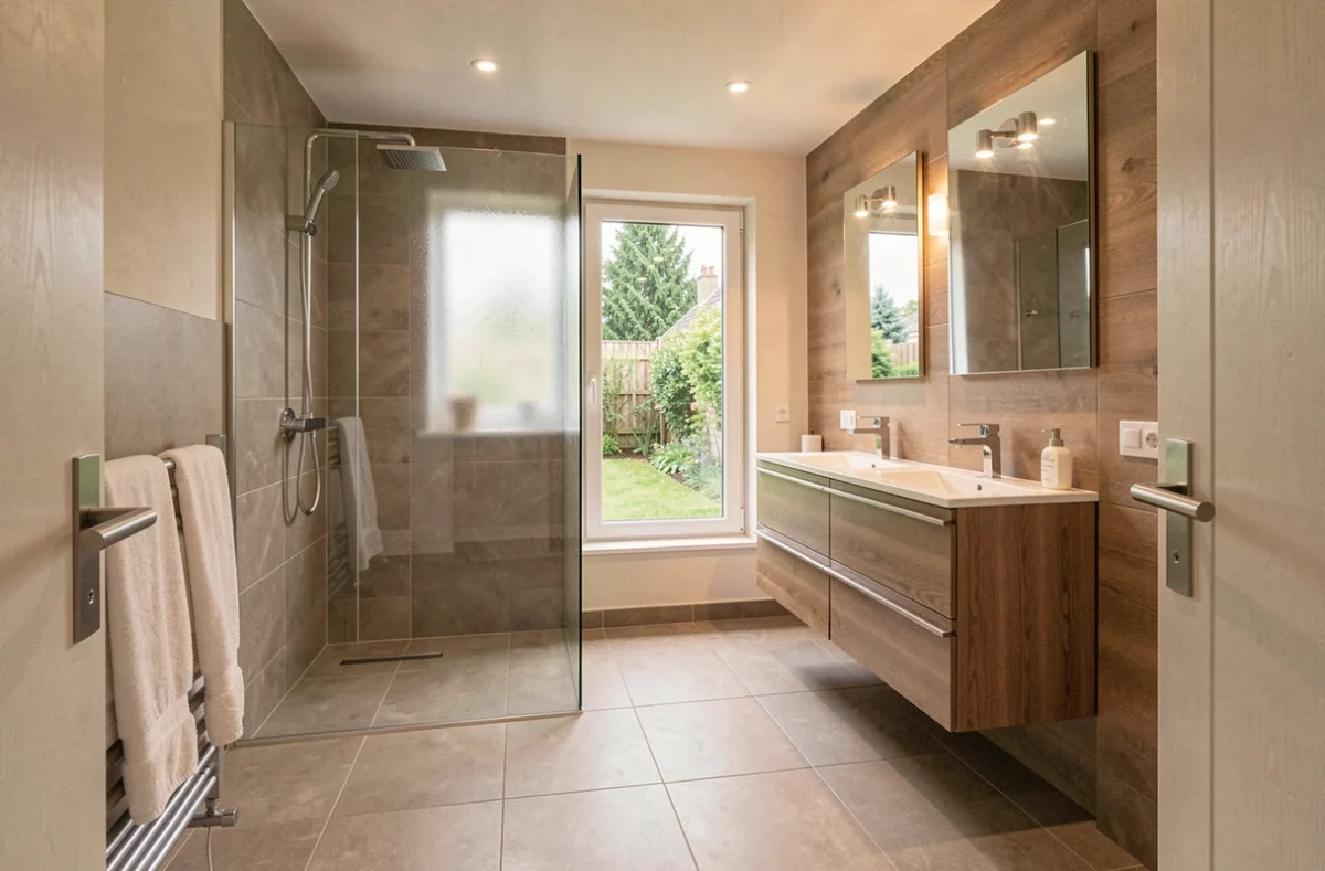 Salle de bain entièrement rénovée en Loire-Atlantique avec douche à l'italienne et meuble double vasque flottant