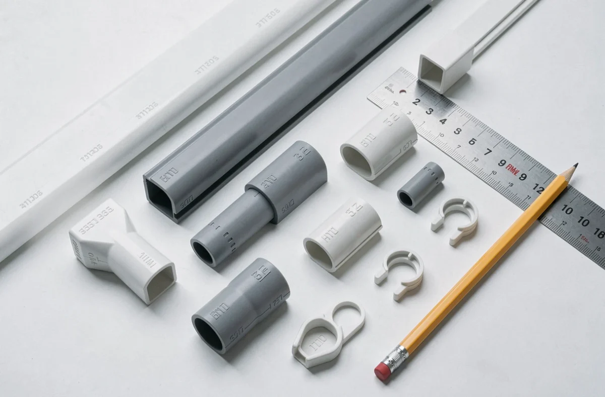 Assortiment de goulottes électriques PVC et leurs accessoires : angles, embouts et connecteurs