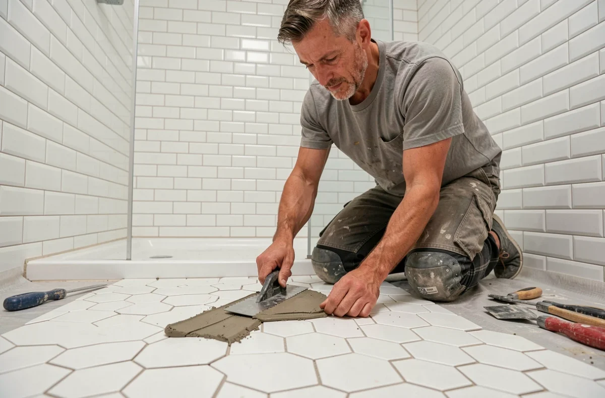 Artisan carreleur posant un carrelage mosaïque hexagonal dans une salle de bain en Loire-Atlantique