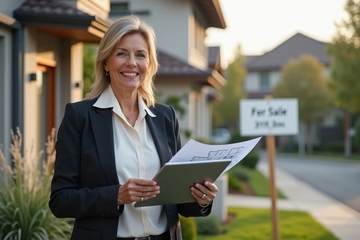 Agent immobilier avec tablette devant maison en vente