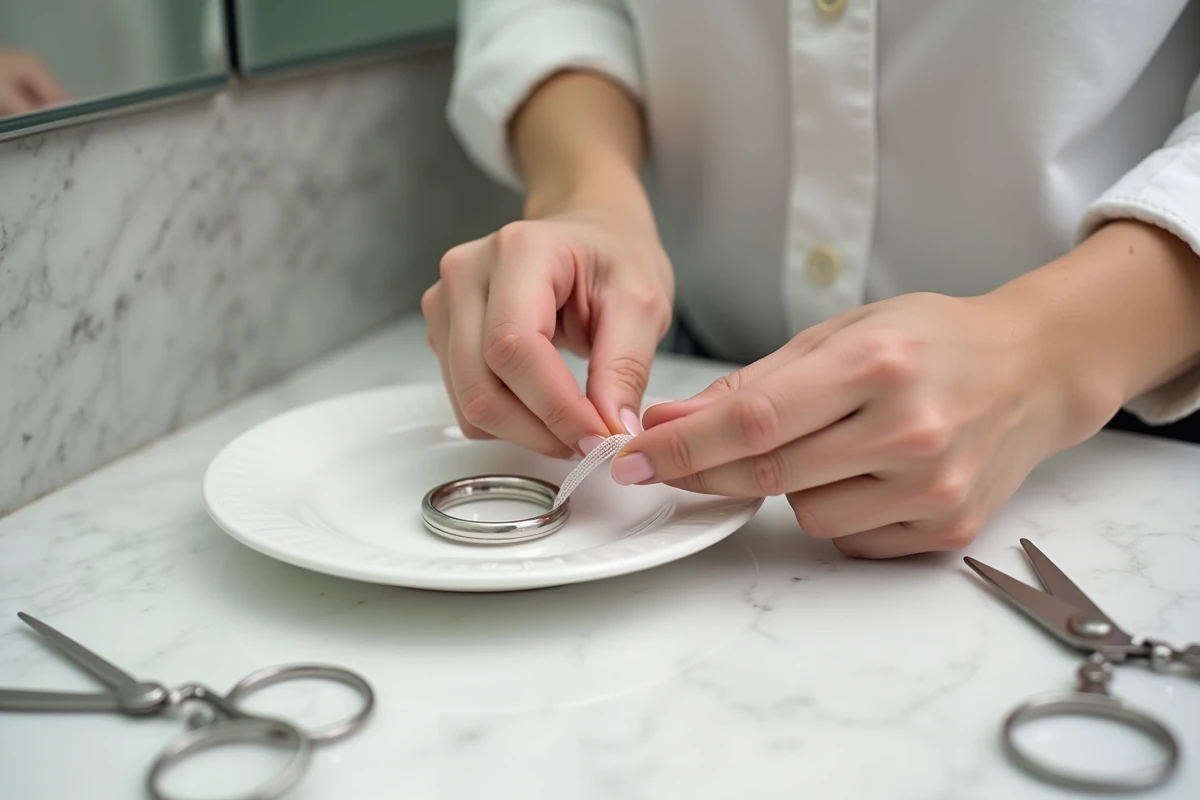 Mains de femme ajustant une bague trop grande avec du ruban adhésif transparent sur un comptoir en marbre, méthode maison simple