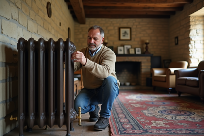 Homme d'âge moyen ajustant un radiateur en fonte dans une pièce ancienne
