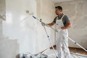 Homme en salopette appliquant de la peinture Action blanche au rouleau sur un mur en plâtre préparé, avec bac à peinture et apprêt visible au sol