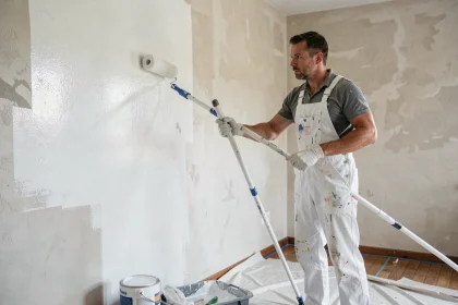 Homme en salopette appliquant de la peinture Action blanche au rouleau sur un mur en plâtre préparé, avec bac à peinture et apprêt visible au sol