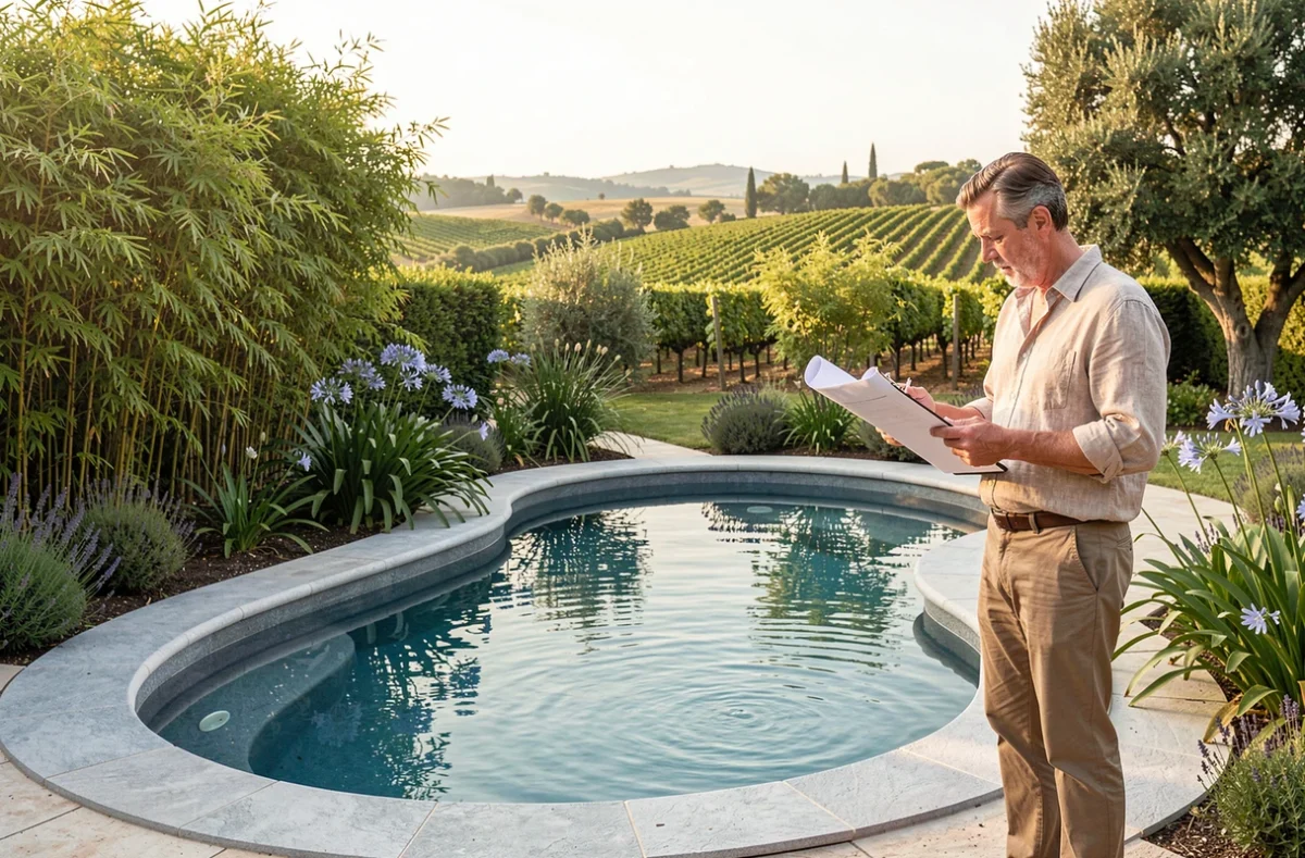 Architecte paysagiste consultant des plans au bord d'une piscine à forme organique dans un jardin occitan avec vue sur vignes