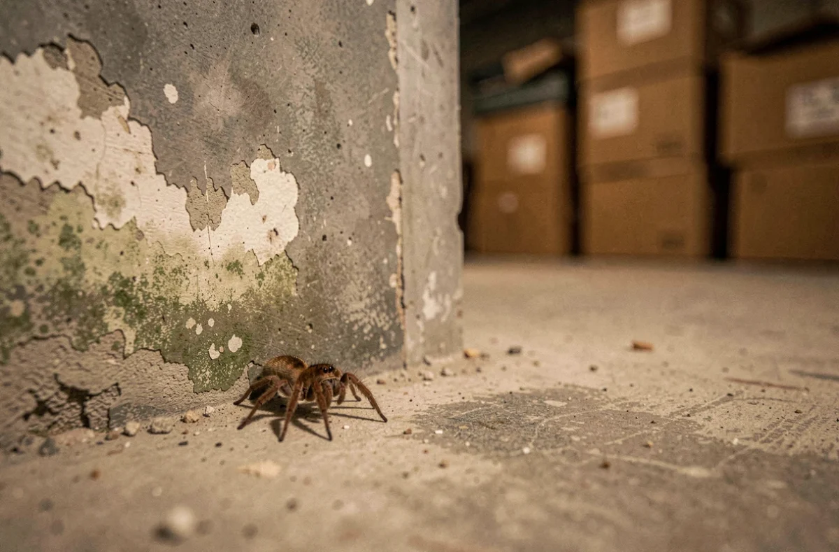 Araignée brune se déplaçant le long d'un mur de cave humide avec traces de moisissures et béton apparent
