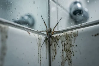 Araignée maison tissant sa toile dans un coin humide de salle de bain avec condensation sur les carreaux