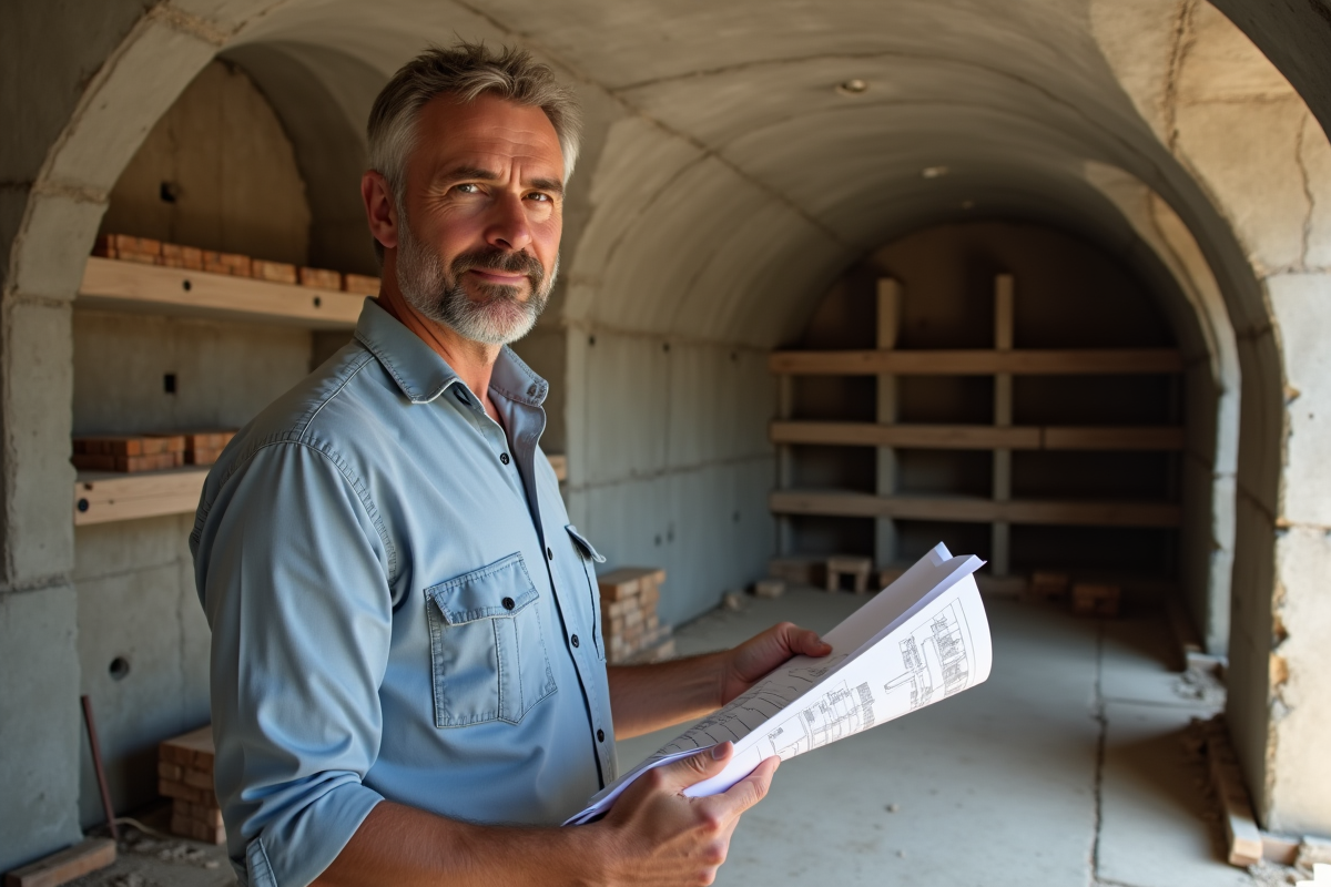 Architecte dans une cave en construction avec plans