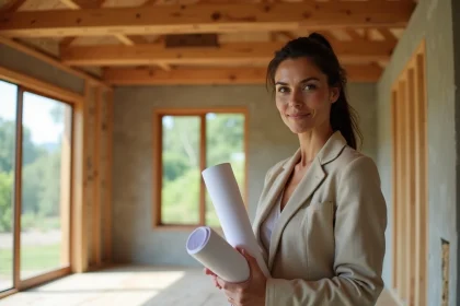 Architecte tenant des plans dans une maison écologique en construction avec ossature bois et isolation en bottes de paille