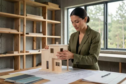 Architecte examinant une maquette de maison modulaire écologique dans un studio de conception durable
