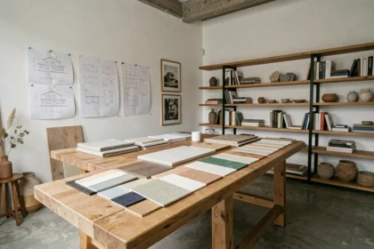 Studio d'architecture d'intérieur en Loire-Atlantique avec plans, échantillons de matériaux et mobilier design sur une grande table de travail