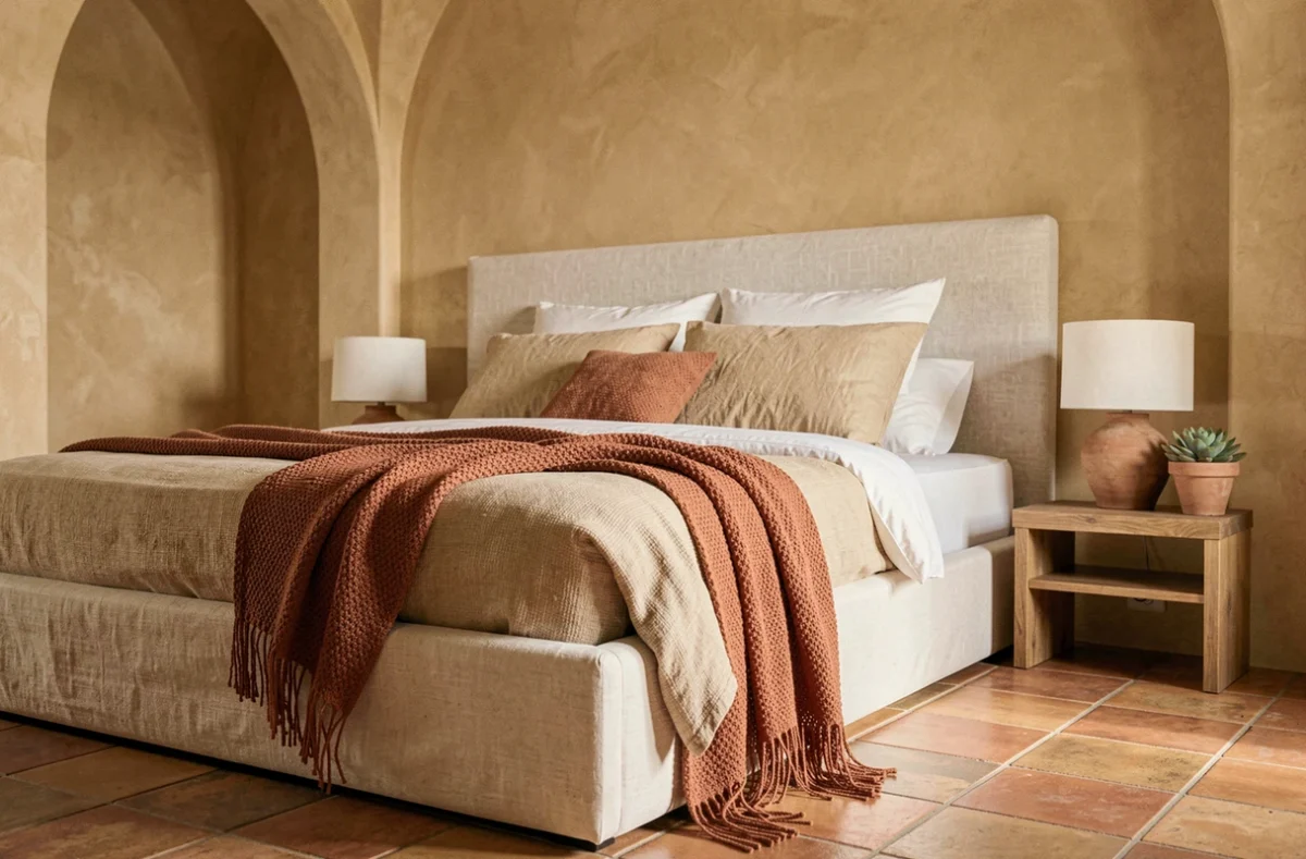 Chambre aux influences méditerranéennes avec lit en lin blanc, carrelage en terre cuite et murs en enduit ocre, projet Armonisa