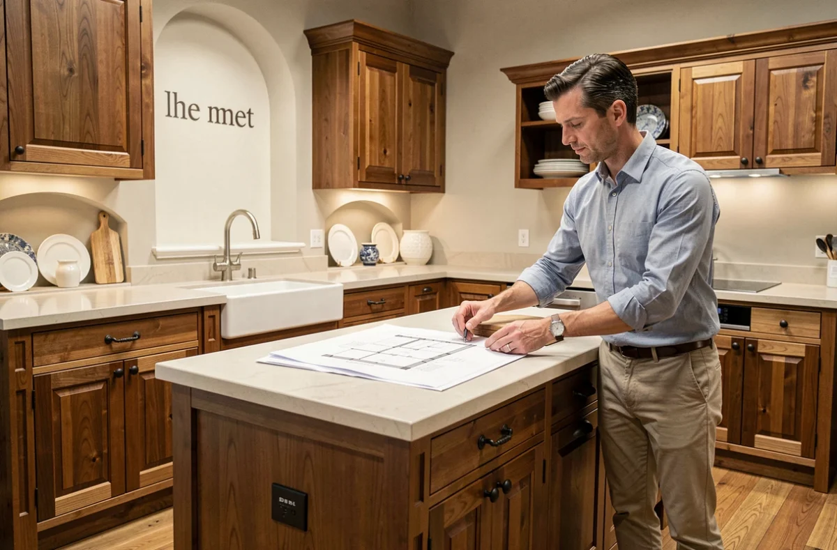 Designer présentant une cuisine en bois chaud dans le showroom Arthur Bonnet de Bourg-en-Bresse