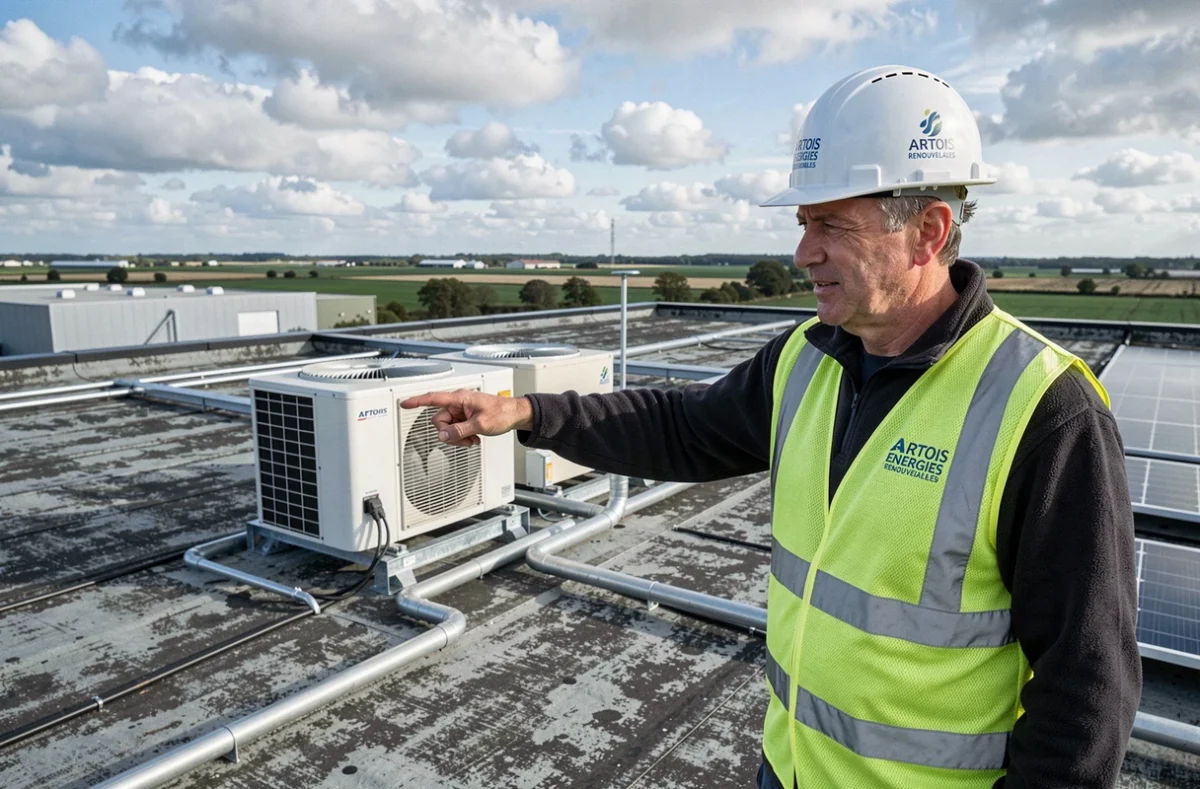 Installateur ARTOIS ENERGIES RENOUVELABLES présentant un système de climatisation sur toiture commerciale en Artois