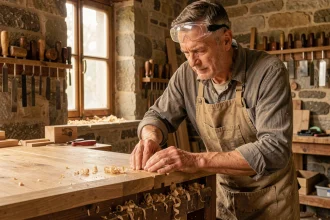 Artisan assemblant un joint tenon mortaise sur un plan de travail en chêne massif dans un atelier de menuiserie traditionnel