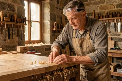 Artisan assemblant un joint tenon mortaise sur un plan de travail en chêne massif dans un atelier de menuiserie traditionnel