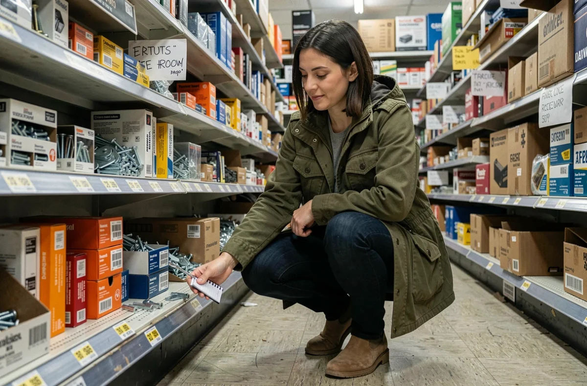 Femme examinant les étiquettes de prix dans un magasin de bricolage discount pour faire des économies