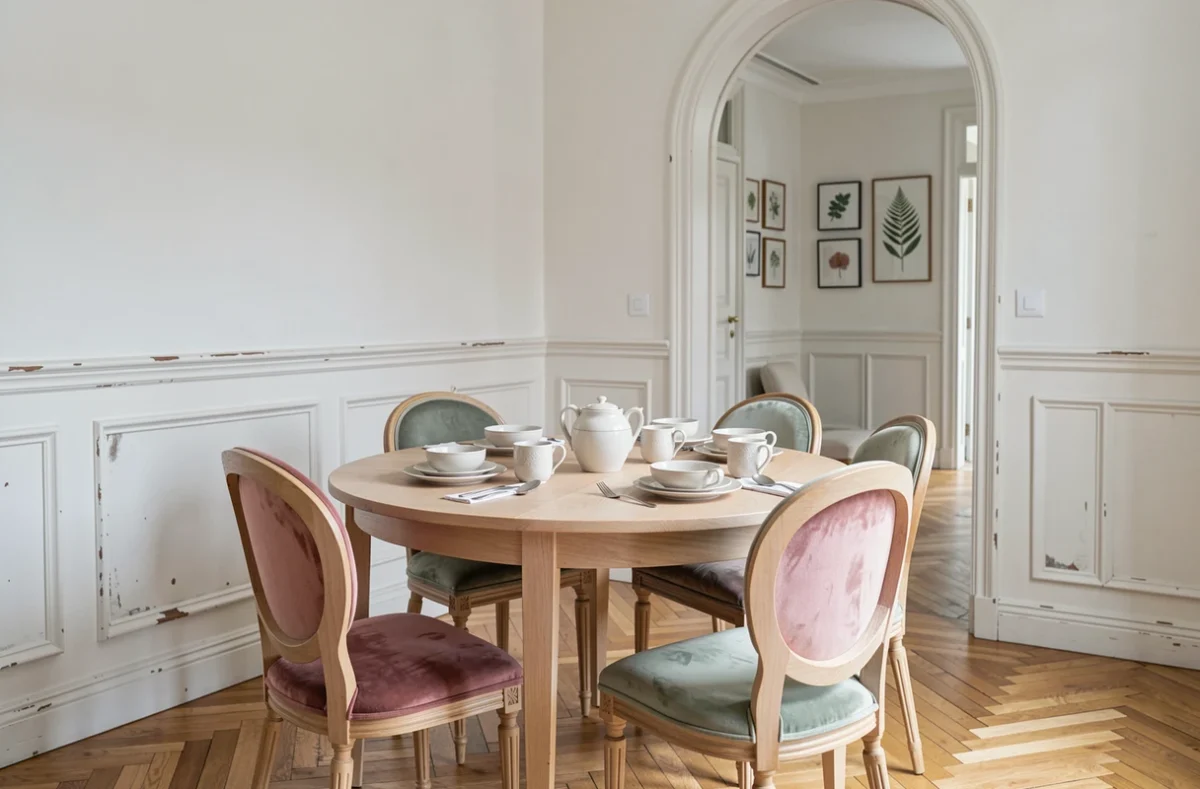 Salle à manger de style parisien avec table en frêne clair, chaises velours vintage et boiseries peintes, signée Atelier Bons Jours
