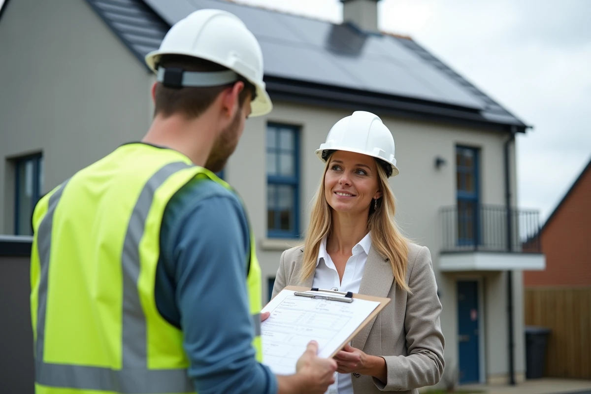 Ingénieur et architecte analysant un rapport d'audit énergétique devant un immeuble résidentiel avec panneaux solaires