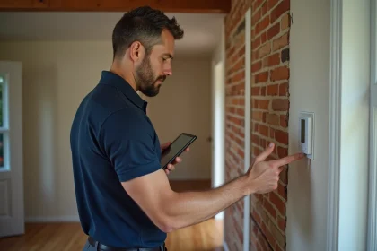 Auditeur énergétique professionnel réalisant un diagnostic complet dans une maison résidentielle avec tablette numérique