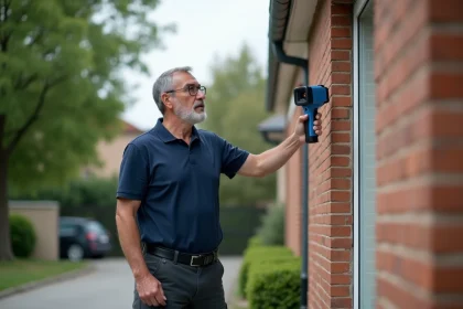 Auditeur thermique analysant la fa&ccedil;ade d'une maison avec une cam&eacute;ra infrarouge lors d'un audit &eacute;nerg&eacute;tique