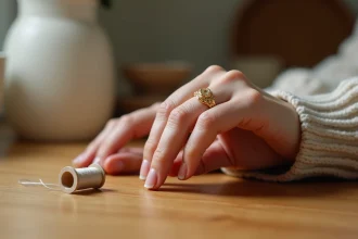 Bague trop grande sur le doigt d'une femme avec du fil transparent sur une table en bois, astuce maison pour ajuster provisoirement