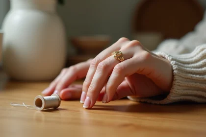 Bague trop grande sur le doigt d'une femme avec du fil transparent sur une table en bois, astuce maison pour ajuster provisoirement