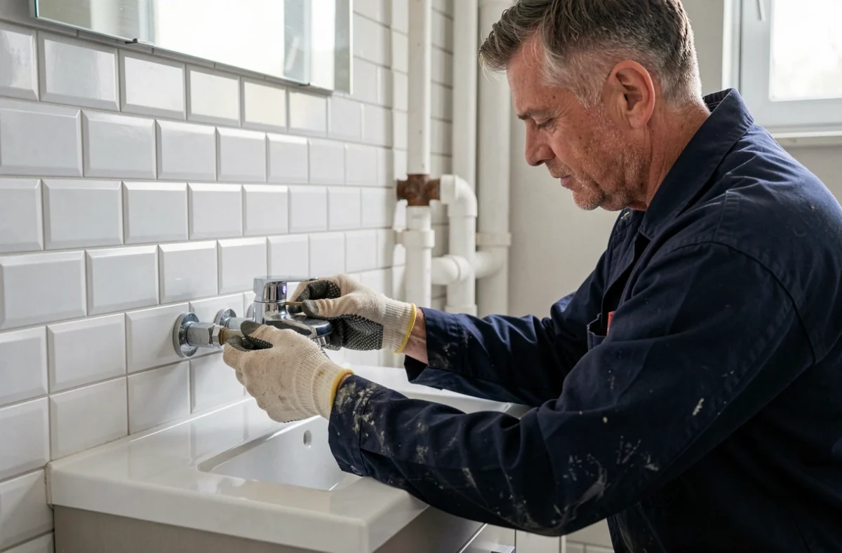 Artisan installateur de salle de bain travaillant sur un robinet mural dans une salle de bain à Ancenis