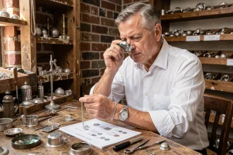 Bijoutier expert examinant un bracelet en argent poinçonné à la loupe dans un atelier traditionnel