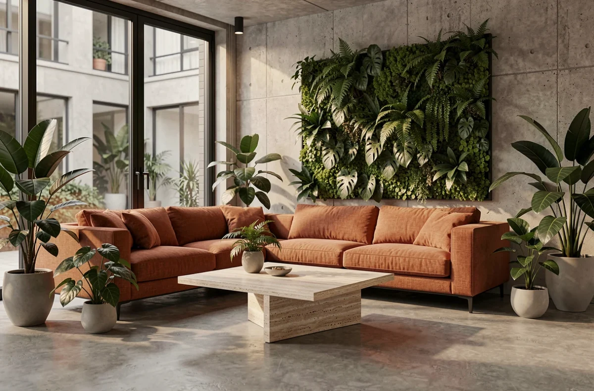 Salon contemporain à inspiration biophilique avec mur végétal, canapé en lin terracotta et table basse en travertin, conçu par BIO ART