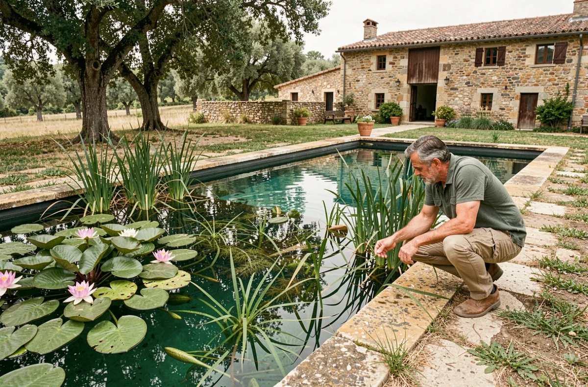 Homme examinant la zone de filtration végétale d'une piscine naturelle biologique dans une propriété rurale en Occitanie avec bâtisses en pierre