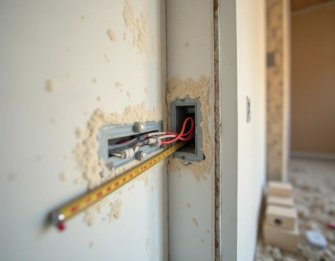 Détail d'une boîte de dérivation électrique intégrée dans un panneau d'isolation rigide lors d'une rénovation