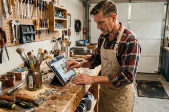 Bricoleur consultant un site d'infos maison sur une tablette dans son atelier garage