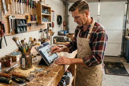 Bricoleur consultant un site d'infos maison sur une tablette dans son atelier garage