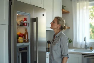 Femme écoutant le bruit de son réfrigérateur dans une cuisine moderne