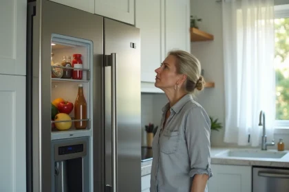 Femme écoutant le bruit de son réfrigérateur dans une cuisine moderne