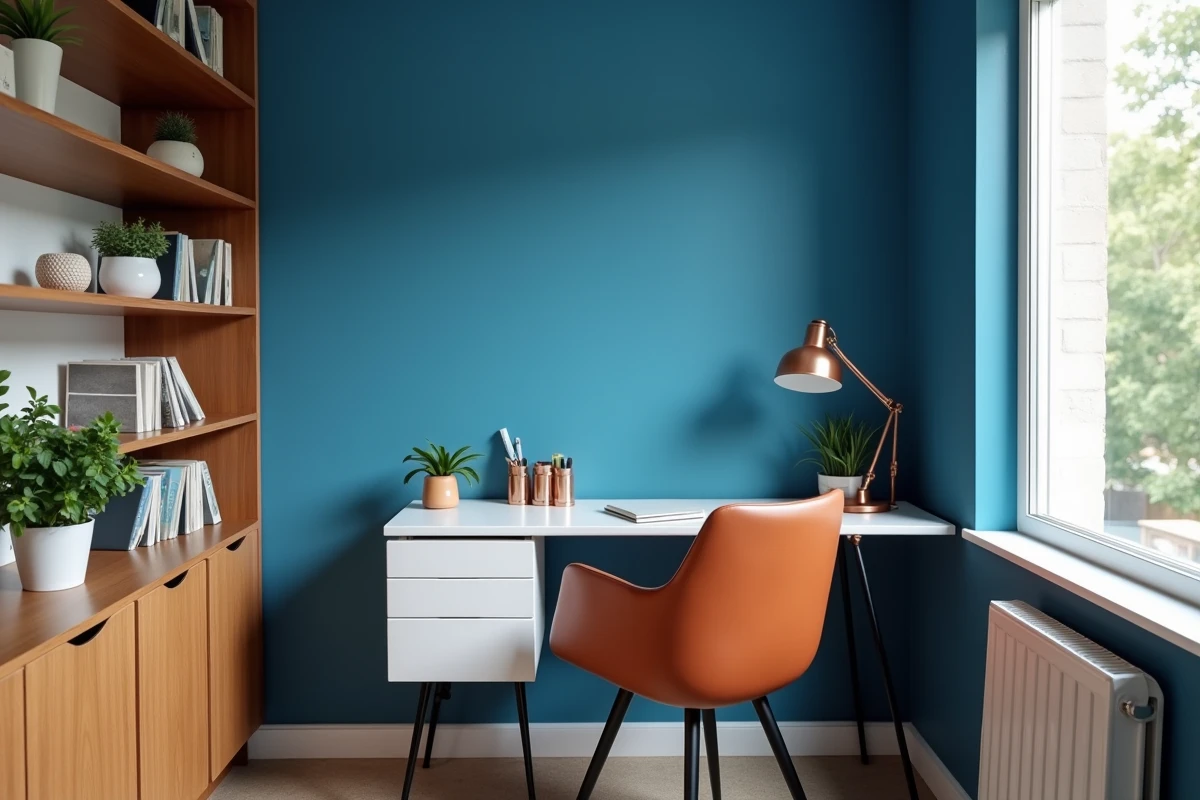 Bureau compact dans un appartement avec mur bleu céruléen et accessoires cuivrés illustrant l'utilisation du bleu complémentaire dans un petit espace de travail