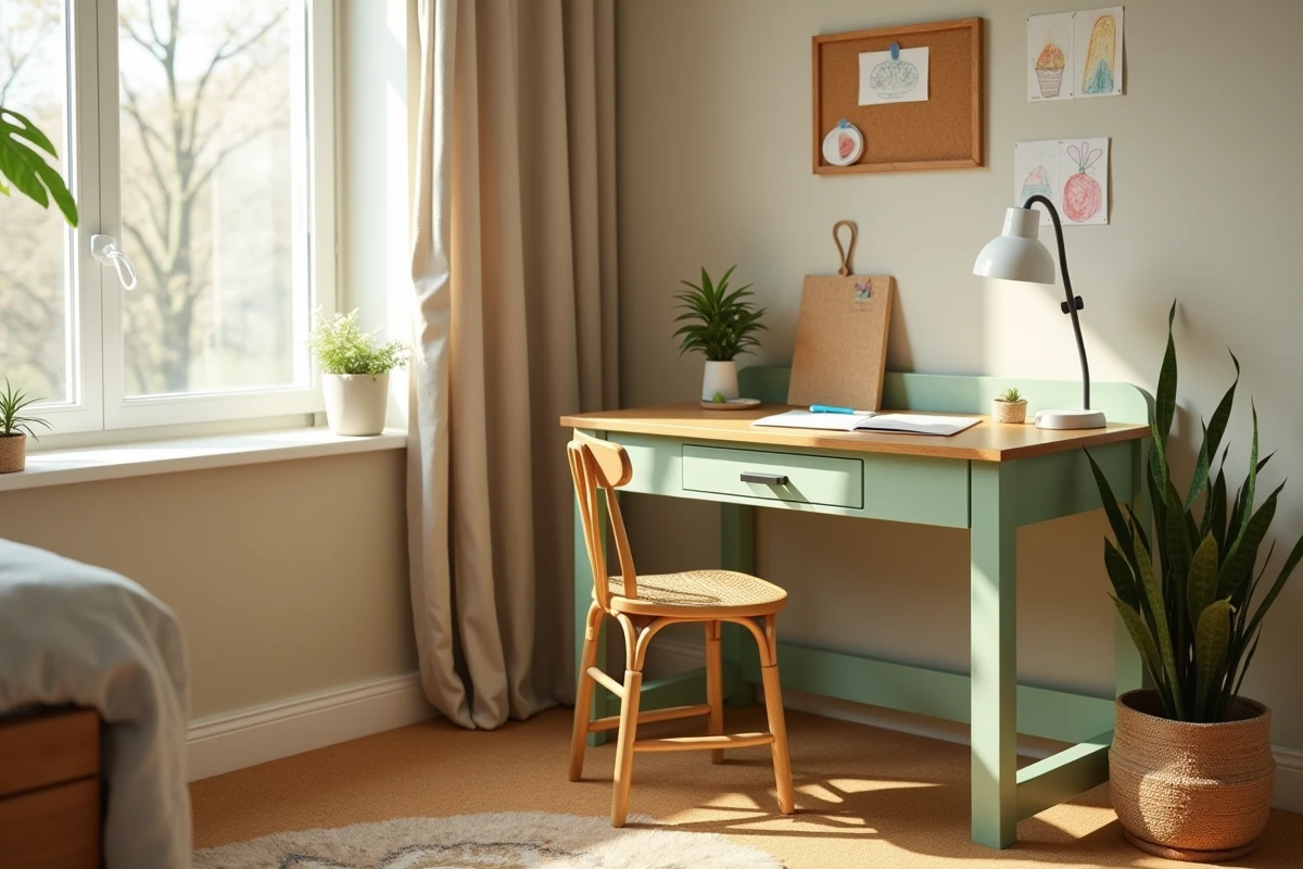 Coin bureau évolutif pour enfant avec bureau en bois recyclé vert mousse, sol en liège naturel et plante verte