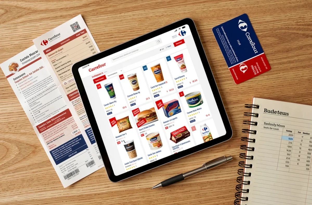 Vue de dessus d'un bureau avec une tablette affichant un panier Carrefour en ligne, des coupons imprimés et une carte de fidélité pour faire des économies