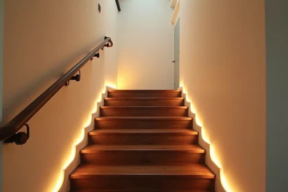 Cage d'escaliers sans fen&ecirc;tre &eacute;clair&eacute;e par des LED encastr&eacute;es le long des marches et de la rampe dans un appartement moderne