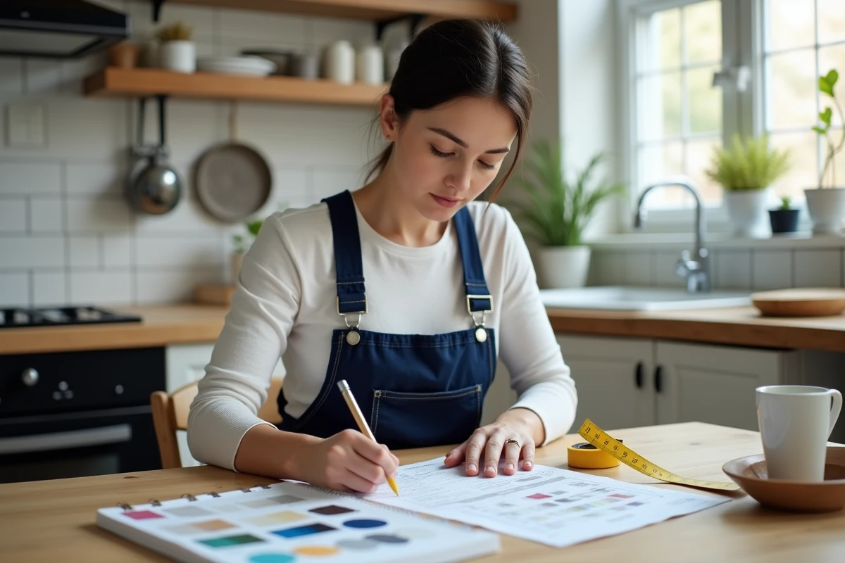 Femme calculant le coût d'une peinture intérieure avec des échantillons et une feuille d'estimation sur une table en bois