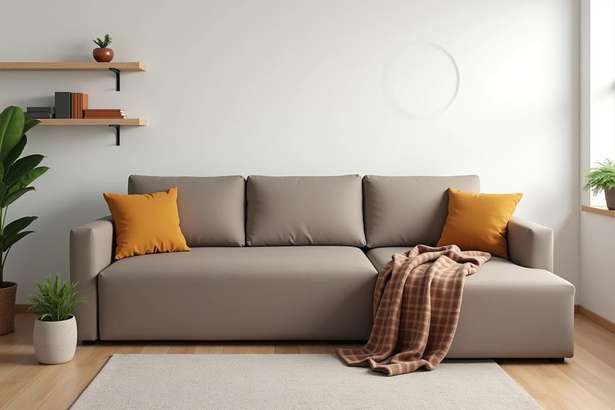 Salon cosy avec canapé d'angle entièrement recouvert d'une housse taupe et décoré de coussins colorés