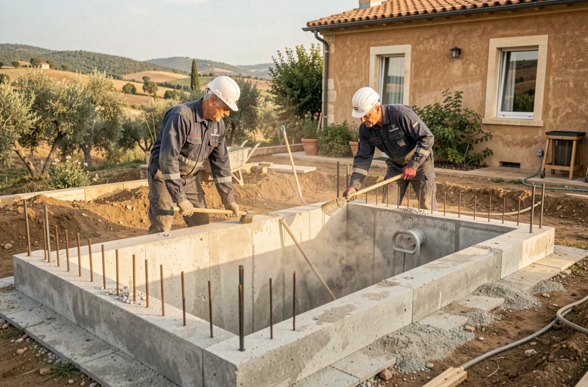 Équipe de constructeurs professionnels travaillant sur la structure d'une piscine en béton dans un jardin résidentiel en France