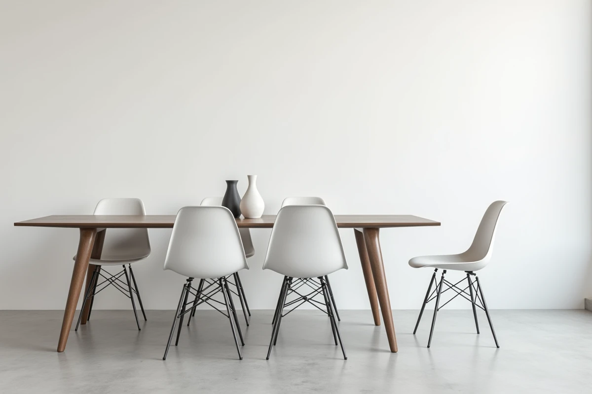 Chaise moderne en polypropylène blanc mat aux pieds en métal dans une salle à manger scandinave minimaliste