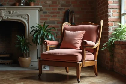 Chaise vintage en bois patiné avec assise en velours rose dans un salon au style rétro avec mur en briques apparentes