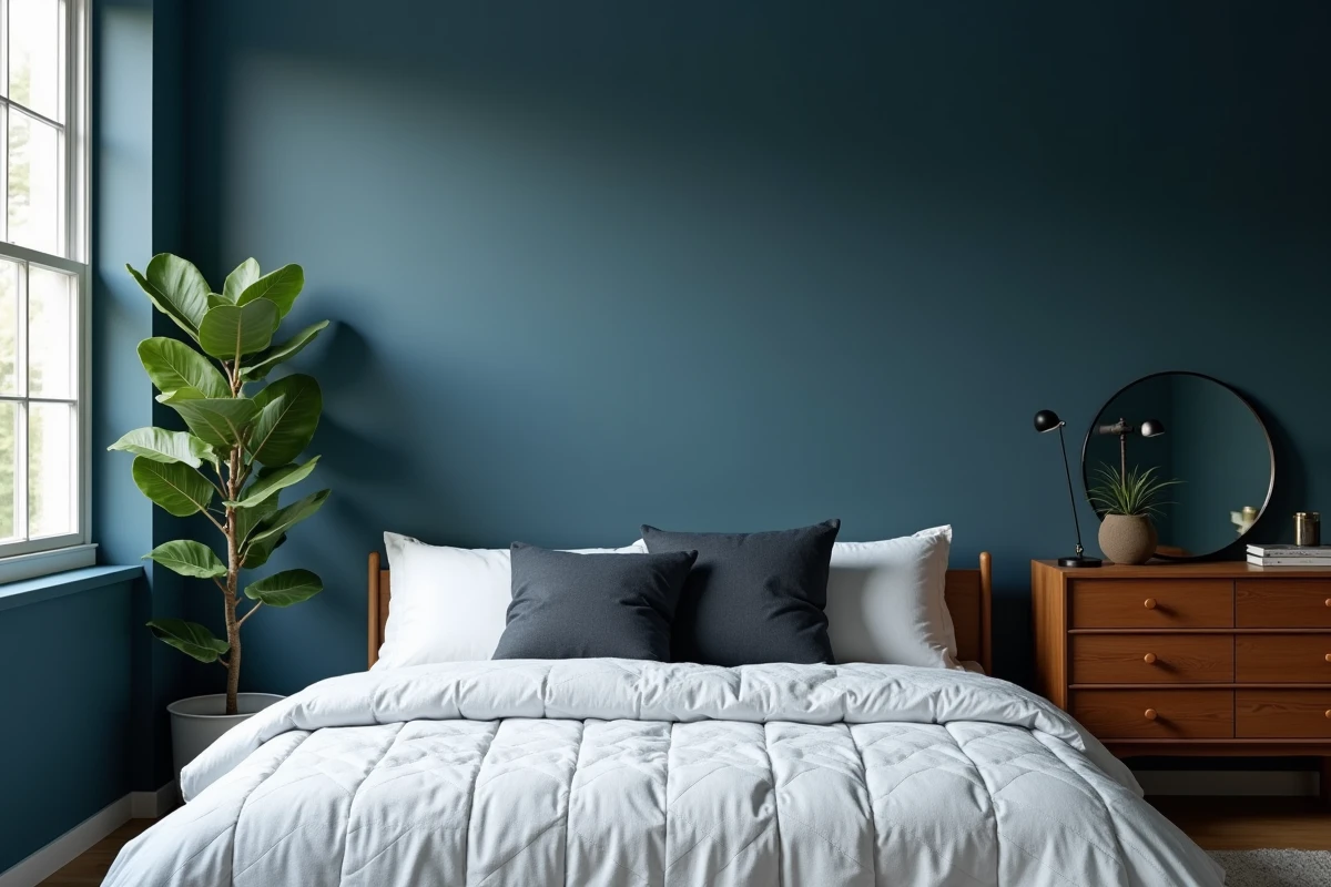 Chambre adulte orientée est avec peinture murale bleu ardoise profond et mobilier en noyer mi-siècle