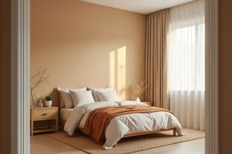 Chambre adulte orientée nord avec peinture murale beige sablé chaud et textiles naturels en lin et terracotta