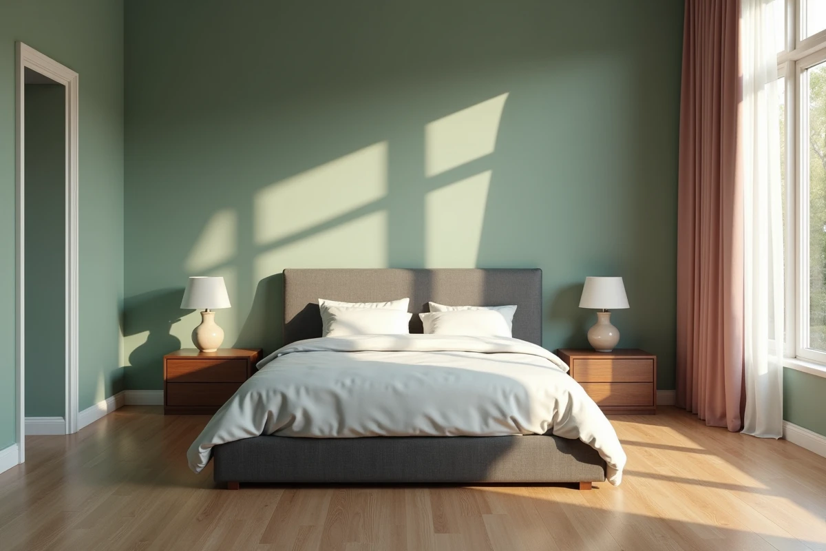 Chambre adulte orientée sud avec peinture murale vert sauge et tête de lit en velours gris ardoise