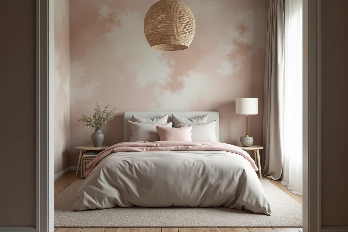 Chambre adulte apaisante avec papier peint aquarelle taupe et greige, literie en rose pâle et gris pierre