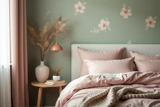 Chambre adulte cocooning avec papier peint vert sauge à motifs botaniques et literie en tons doux rosés et crème